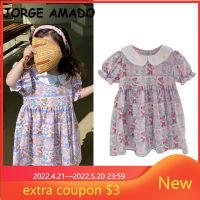 Korean Style New Summer Dress for Baby Girl er Pan Collar Short Puff Sleeves Purple Floral Mid-calf Princess Dress E2287