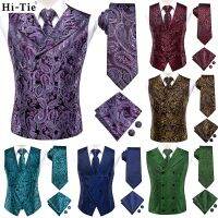 Hi-Tie Burdy สีม่วง Paisley ผ้าไหม Mens Waistcoat เนคไทชุดสำหรับชุดแต่งงาน4PCS เสื้อกั๊กเนคไท Hanky Cufflink ชุด