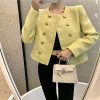 [COD] Womens new style jacket fragrance foreign fashion woolen yellow braided double-breasted short large size spring dress