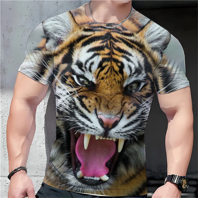 Tiger print mens T-shirt Harajuku 3D T-shirts animal pattern short sleeved clothing summer large retro mens round neck T-shirt