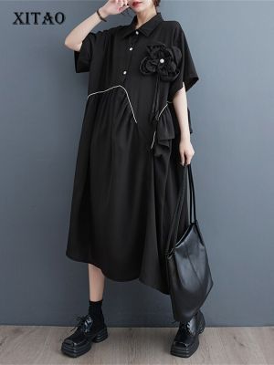 XITAO Dress Irregular Pullover Goddess Fan Black Floral Shirt Dress