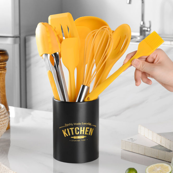 useful-yellow-silicone-cooking-tools-set-spatula-shovel-spoon-with-wooden-handle-kitchenware-practical-kitchen-cooking-utensils
