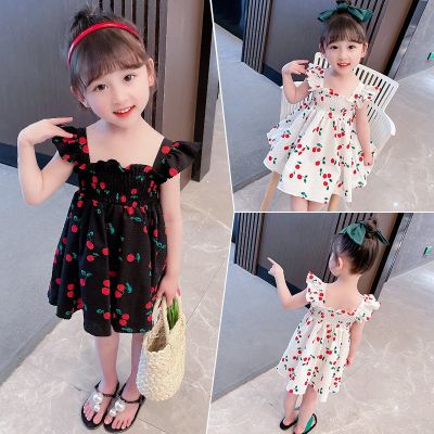 Toddler Girls Cherry Pattern Print Summer Dress For Kids Ruffles Sleeveless A-line Clothing For Children Ruched Clothes