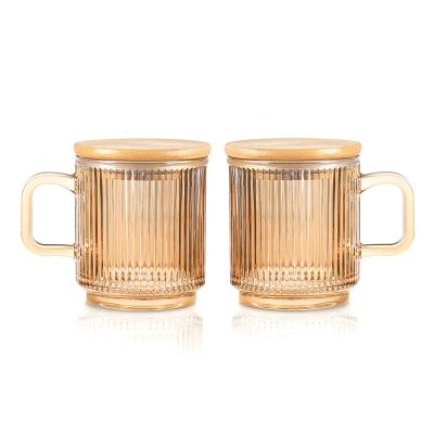 2Pc Glass Coffee Cup with Lid Glass Coffee Mugs Ribbed Coffee Glasses with Handle for Latte Cappuccino Tea Milk