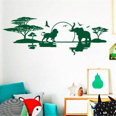 【SALE】 nancarenko1977 Art Design Savannah Skyline ตกแต่งบ้านไวนิลช้างสิงโตนกสติ๊กเกอร์ติดผนังไวนิล House Decor ภูมิทัศน์ Decal