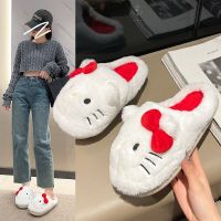 ❀ↂ Sanrio Hello Kitty Plush Slippers Cartoon Animation Warm Winter Indoor Slippers Flat Casual Non-slip Girls Home Shoes Gift