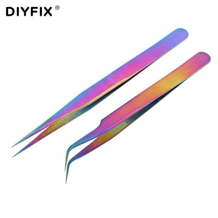 diyfix-2pcs-precision-tweezers-eyelash-extension-clips-curved-straight-tips-electroplating-forceps-fine-point-hand-tools-sets