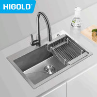 HIGOLD Kitchen Stainless Steel Handmade Sink Single Sink Topmount Undermount Nano Sink Self-Cleaning and Anti-fouling