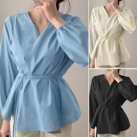 CELMIA Women Ruffles Hem V Neck Long Sleeve Wrap Blouses