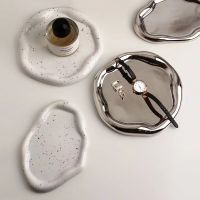 AhenderJiaz Modern Silver Plated Ceramic Jewelry Storage Tray Light Luxury Breakfast Plate Coffee Cup Mat Home Decoration
