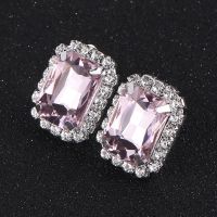 Fashion Pink/Multicolor Crystal Oblong Clip Earrings For Women Jewelry Rhinestones Bridal Earrings Wedding Prom Jewelry Gifts