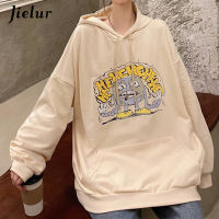 Jielur Thin Cartoon Hoodie Women Apricot Grey Sweatshirt 2021 Autumn Street Leisure Cute Top Female Pullover Girls Pocket M-XL