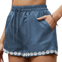 Summer Casual Womens Lace Trim Shorts Mid Waist Drawstring Short Pants with Pockets for Vacation Beach