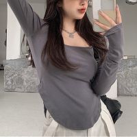 ✕  Womens Casual Autumn Long Sleeve Irregular T-shirt Fashion Solid Square Collar Slim Fit Pullover Tee Shirts Fall Crop Tops