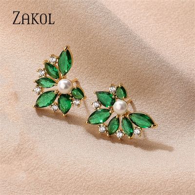 ZAKOL New Korean Style Cute Green Zircon Leaf Stud Earrings for Women Girls Fashion Pearls Students Party Accessories