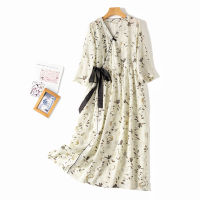 Wewae6323สไตล์จีน Chinoiserie Hanfu ผู้หญิง2022พิมพ์ Ramie Vintage V คอ Slanted Buckle หลวม Lace-Up Dress