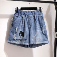 New 2021 Summer Plus Size Women Clothing Denim Shorts For Women Large Loose Casual Elastic Waist Hole Wide Leg Shorts Blue -