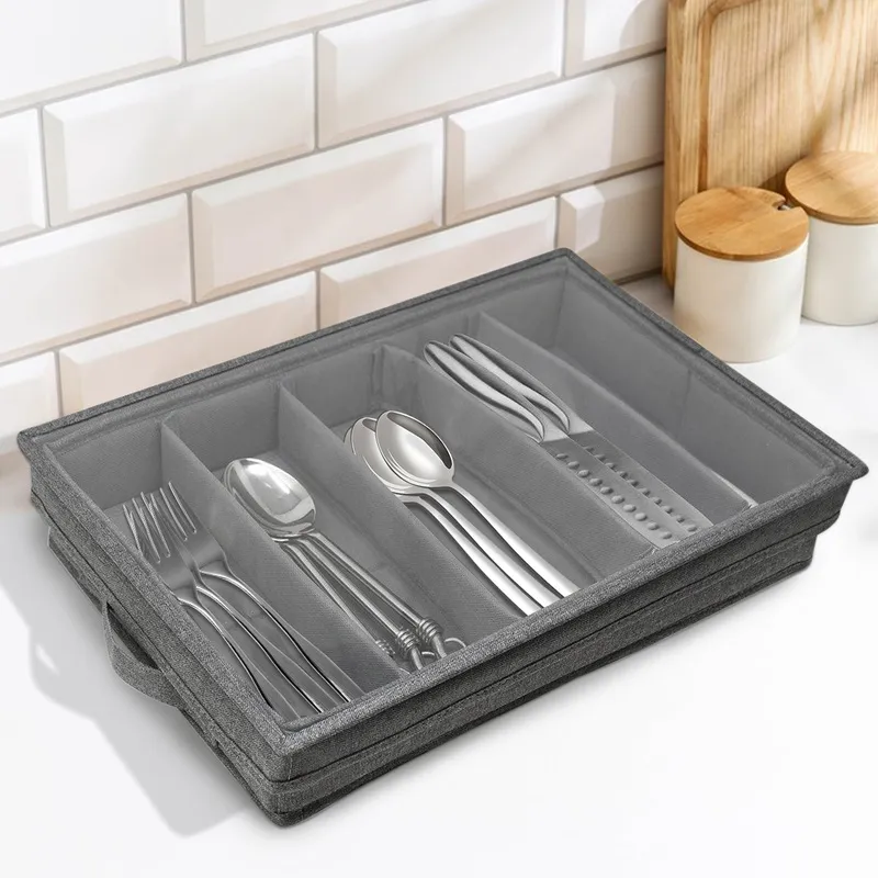 Silverware Storage Box Chest, Flatware Storage Case, Tableware Utensil  Chest with Removable Lid and Adjustable Dividers for Organizing Utensils