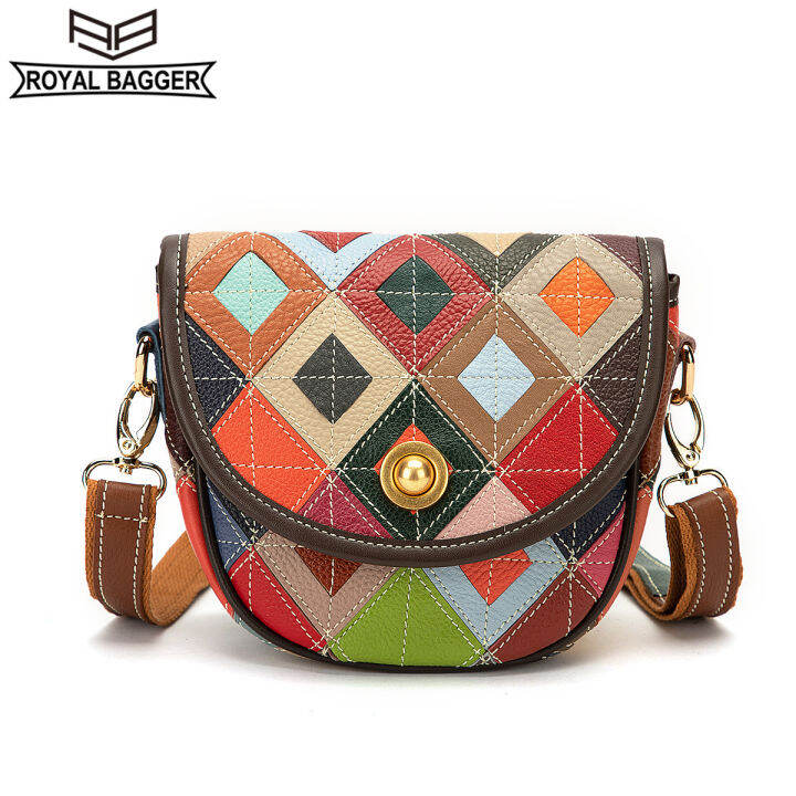 Royal Bagger New Women Shoulder Sling Bag Genuine Cow Leather Colorful Vintage Fashion Small