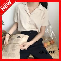 qkq971 2022 Summer Plain Chiffon Short Sleeve Shirts Womens Korean Style Loose Lapel Work Blouse