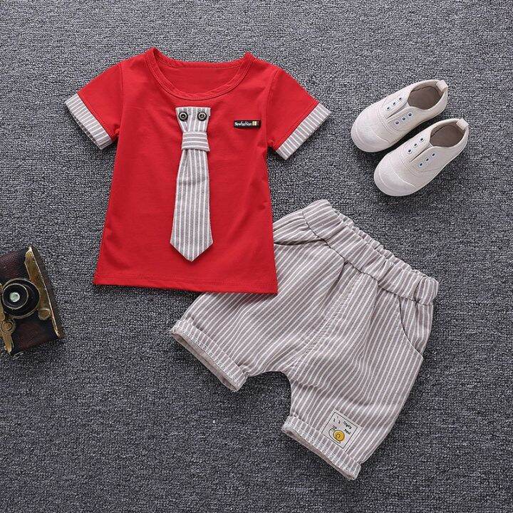 kids-boy-fake-tie-short-sleeve-cotton-t-shirt-stripe-shorts