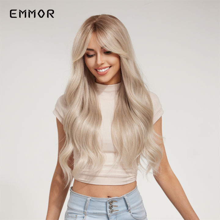 emmor-สีบลอนด์แพลทินัมผมสังเคราะห์วิกผมหยักยาวเรียบสำหรับผู้หญิงคอสเพลย์ที่มีคุณภาพสูงทนต่ออุณหภูมิ