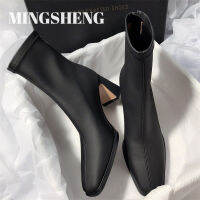 Mingsheng Bot Modis ฉบับภาษาเกาหลีส้นสูงทรงสี่เหลี่ยมมีซิปด้านหลังอย่างหนา Sepatu BOOT Pendek ใส่สบาย