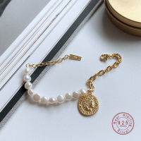 HI MAN S925 Sterling Silver Queen Portrait Coin Irregular Natural Fresh Water Pearl Bracelet Women Fine Minimalist Jewelry