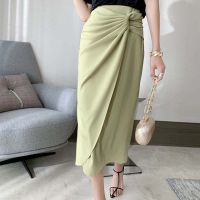 (ร้อน) Office Lady Shirring กระโปรงผู้หญิง Elegant Slender กลางลูกวัวไม่สม่ำเสมอ Faldas สไตล์เกาหลี Ulzzang Leisure Streetwear แนวโน้ม