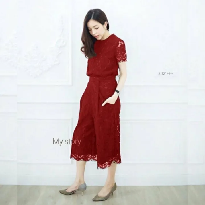 Garden Clothes ชุดเซ็ท เสื้อลูกไม้แขนสั้น + กางเกงลูกไม้ลายเดียวกัน ทรง