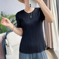 2023 Hot Miyake clothes pleated tops womens summer new large size slimming fashionable versatile round neck T-shirt short sleeves