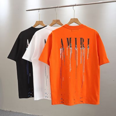 AMIRI High Street Men Casual Short Sleeve Tees Cotton Graffiti Letter Print Leather Tag Oversize Loose Holiday Couples T-shirt