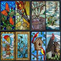 【LZ】 Stained Glass Stickers para Home Decor Tamanho personalizado Static Cling fosco Privacy Print Libélula Borboleta Janela Porta