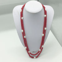 LJHMYStrand Red Crystal Beaded White Freshwater Pearl Long Wrap NecklaceWrap Necklaces Women Fashion Jewelry