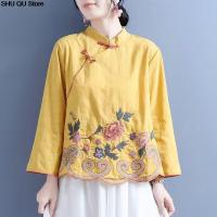 Chinese Style Embroidered Cotton Linen Shirts Sp Summer Retro Buttoned Long-Sleeved Stand-Up Collar Clothes Loose Tops