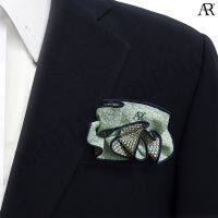 ANGELINO RUFOLO Pocket Square(ผ้าเช็ดหน้าสูท) ผ้าไหมทอผสมคอตตอนคุณภาพเยี่ยม ดีไซน์ 2 IN 1 Pastel Mint Flora Pocket Circle สีมิ้นต์