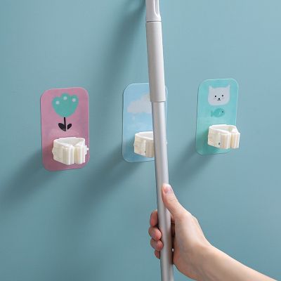 2pc Cartoon Powerful self-adhesive Wall Hooks Mop hanging Rack plastic Waterproof Brush Broom Hanger Bathroom Storage Organize