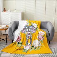 Elephant Flowers Flannel Throw Blanket Wild Animals Abstract Art Pattern for Bed Sofa Couch King Queen Size Lightweight Soft