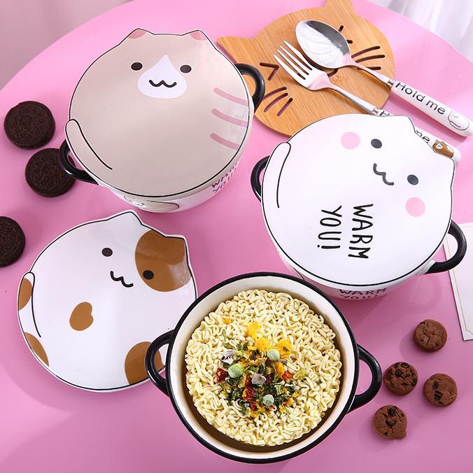 ชามเซรามิคมีฝาปิดลายแมวน่ารัก-รุ่น-cute-cat-bowl-มาพร้อมฝาปิดเข้าชุดกัน-เข้าไมโครเวฟได้-จานชามเซรามิค-ชามมีฝาปิด