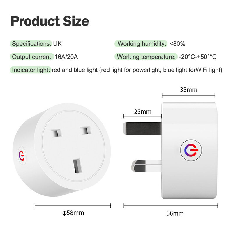 16/20A WIFI Smart Plug Tuya WiFi Smart Socket with Power Adapter Mobile Phone Remote Timer Switch Voice Control Smart Life APP Support Google Home/Alexa with UK Plug Smart Socket