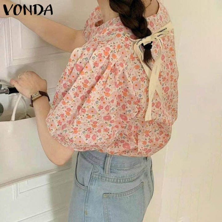 จัดส่งฟรี-fancystyle-vonda-ผู้หญิงลำลองชายแขนสั้น-o-คอเสื้อยืดฤดูร้อนพิมพ์ลายดอกไม้เสื้อจีบ