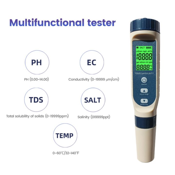 เครื่องทดสอบเกลือสระว่ายน้ำเครื่องวัดสารละลายดิจิตอลปัสสาวะสูง5-in-1เครื่องทดสอบความเค็ม-tds-ec-ph-slat-อุณหภูมิสำหรับน้ำเกลือ