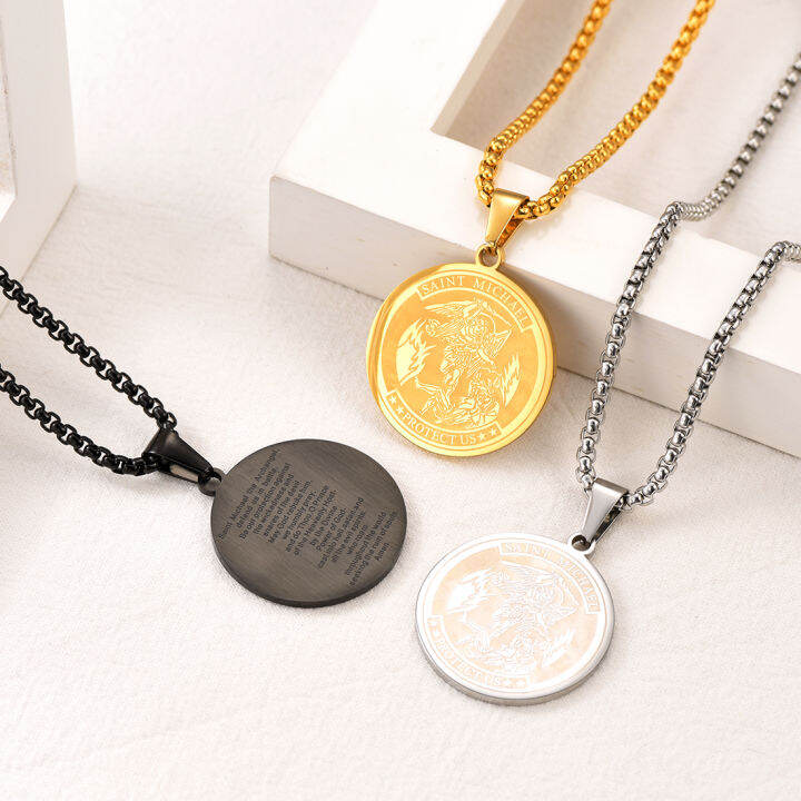 U7 St. Michael Saint Christopher Pendant Necklace Round Patron Saint