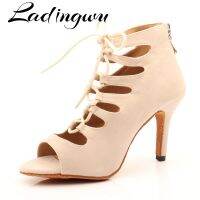 Ladingwu Beige Suede High-Top Dance Shoes Boots Women Latin Dance Shoes Girls Salsa Ballroom Dance Shoes Performance Shoes