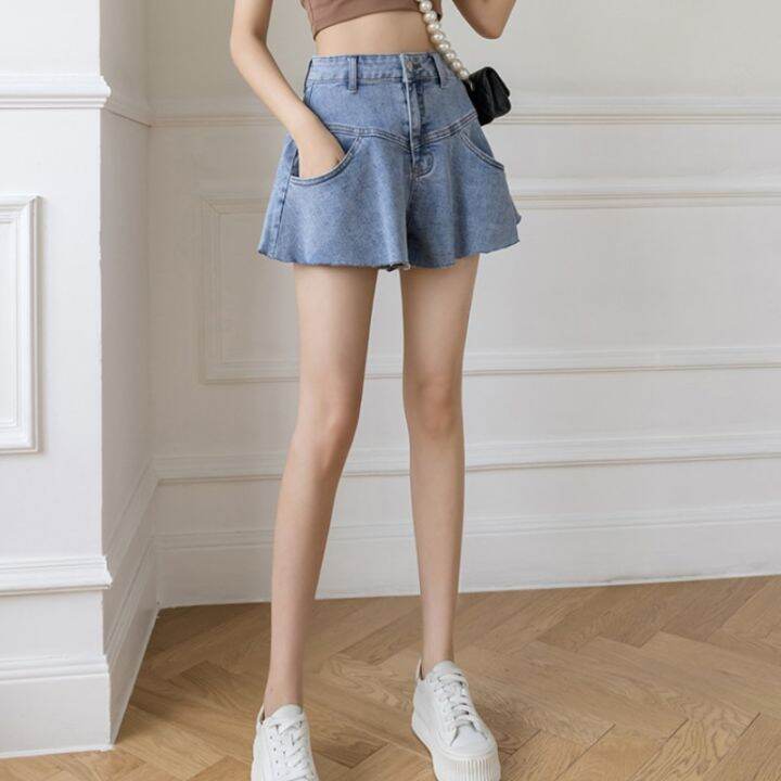 summer-fashion-elegant-temperament-design-flared-skirt-loose-high-waist-wide-leg-ruffle-denim-shorts-female-trend-street-style