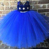 ZZOOI Girls Royal Blue Flowers Tutu Dress Kids Lace Straps Tulle Dress Pearl Ball Gown Children Birthday Party Banquet Costume Dresses