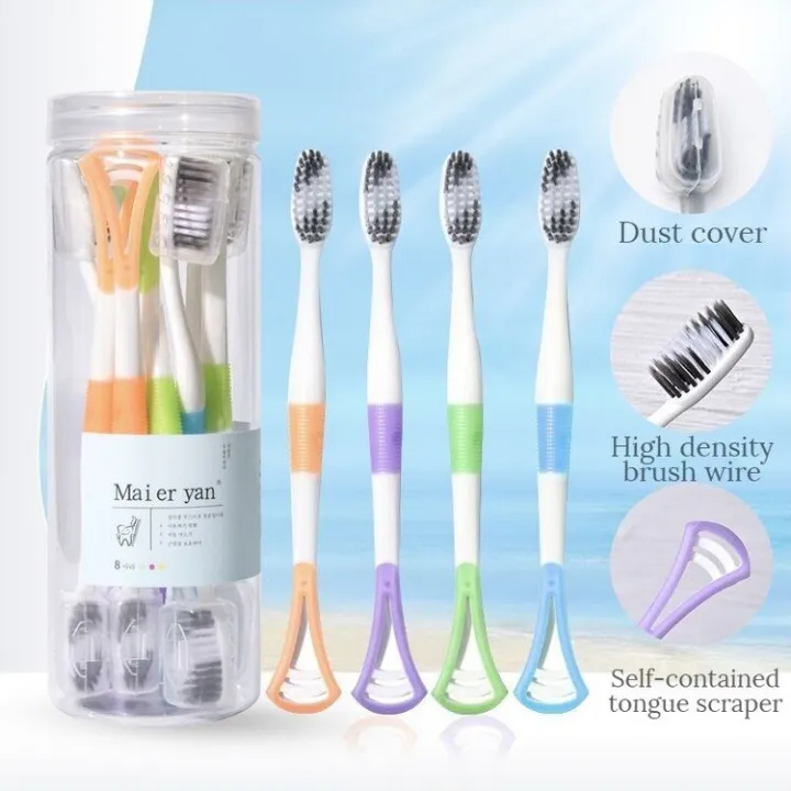 8Pcs 2in1 Toothbrush and Tongue Scraper with Cap for Removing Teeth