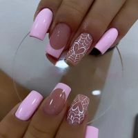 24Pcs Pink Heart Halloween Fake Nails Wearable Ballerina French False Nail with Glue Full Cover Press on Square Short Nail Tips fenguhan