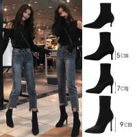 99 Big Salekasut perempuan new autumn winter high-heeled womens shoes pointy stiletto ankle boot black stretch skinny sock boot y Martin boot