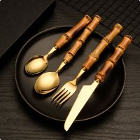 16/24PCS Gold Dinnerware Set Bamboo Handle Stainless Steel Tableware Sets Knife Fork Spoon Flatware Dishwasher Safe